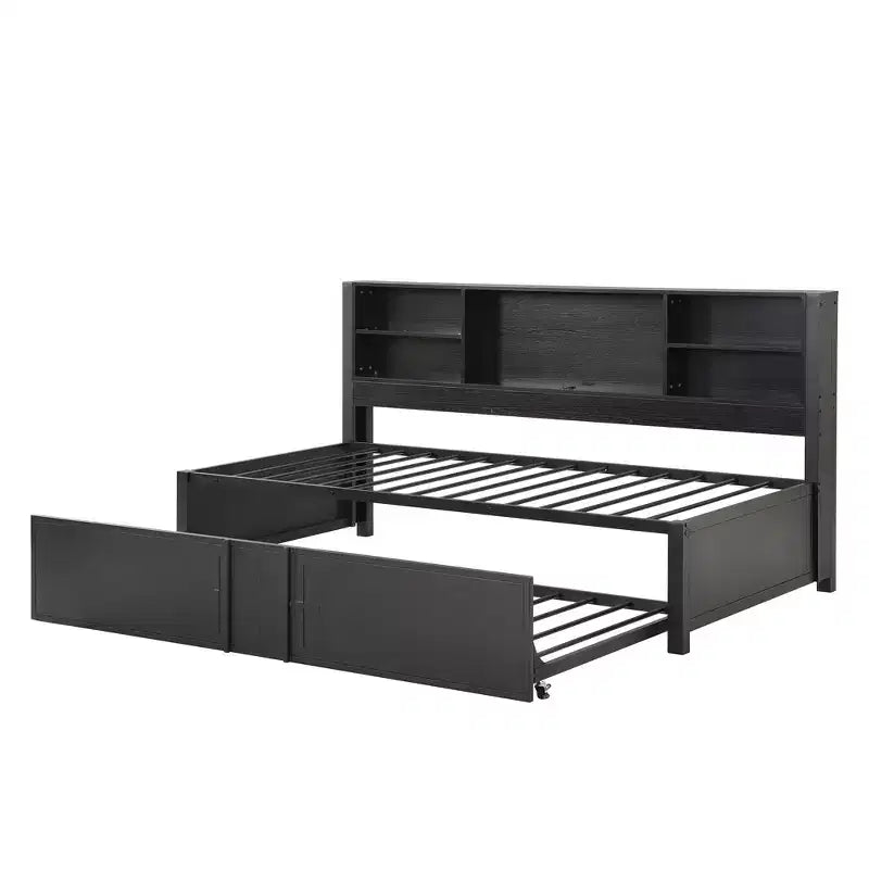 Lit de repos double en métal avec lit gigogne double, étagères de rangement et ports USB