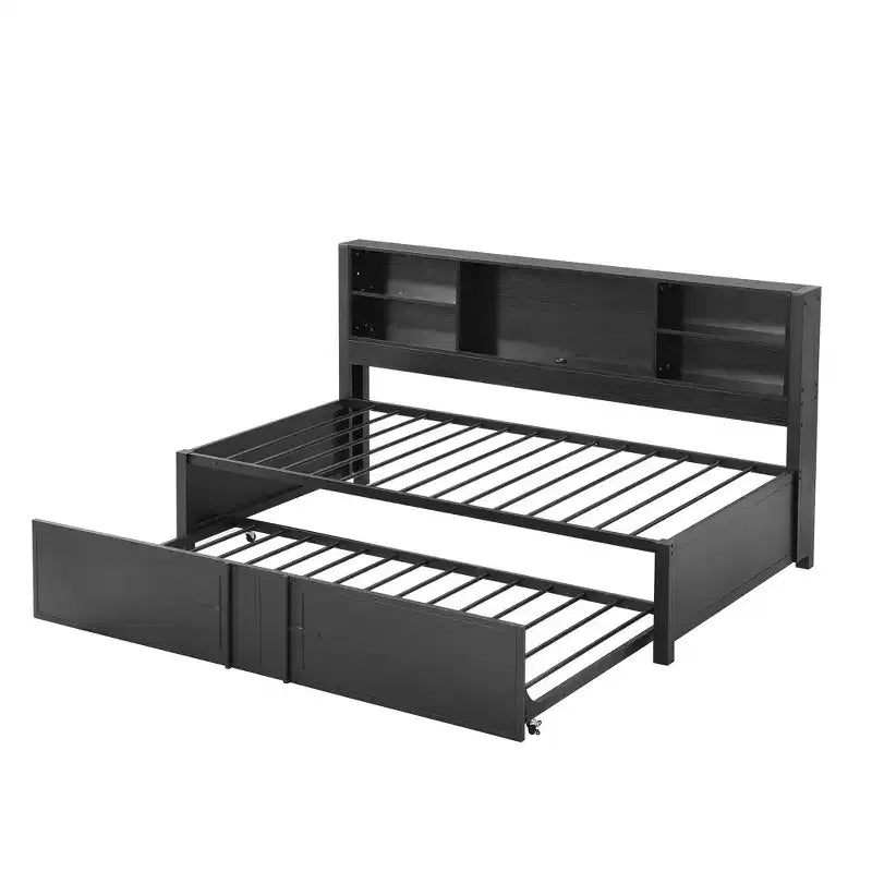 Lit de repos double en métal avec lit gigogne double, étagères de rangement et ports USB