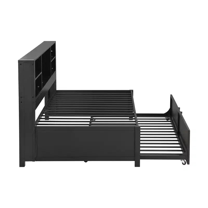 Lit de repos double en métal avec lit gigogne double, étagères de rangement et ports USB