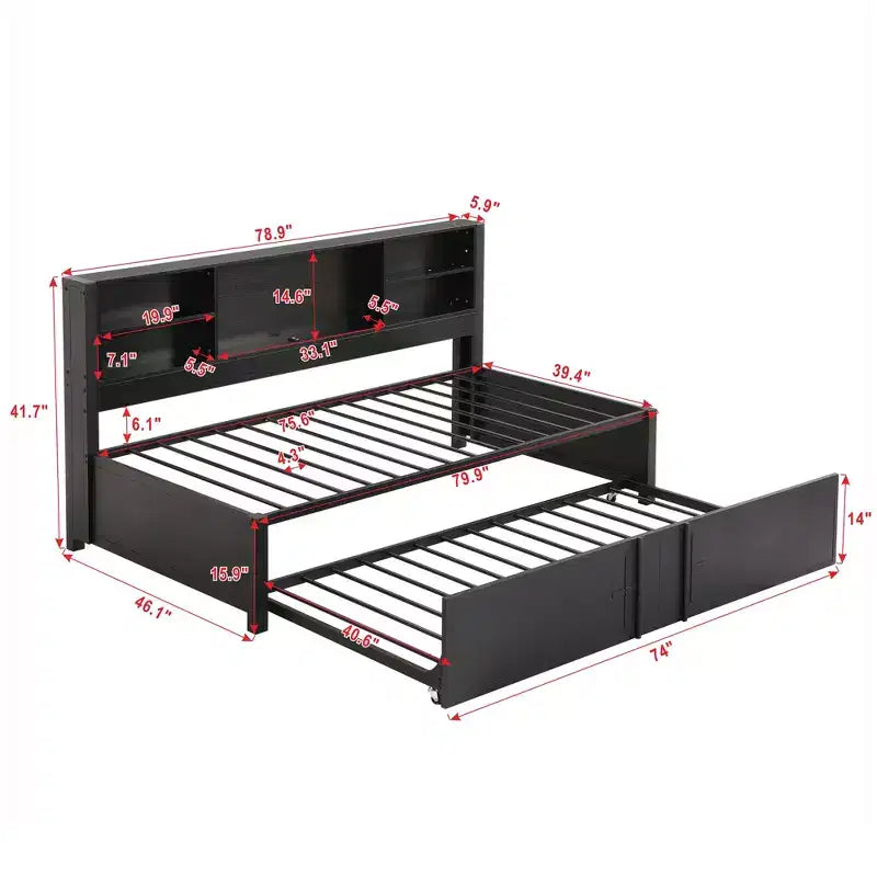 Lit de repos double en métal avec lit gigogne double, étagères de rangement et ports USB