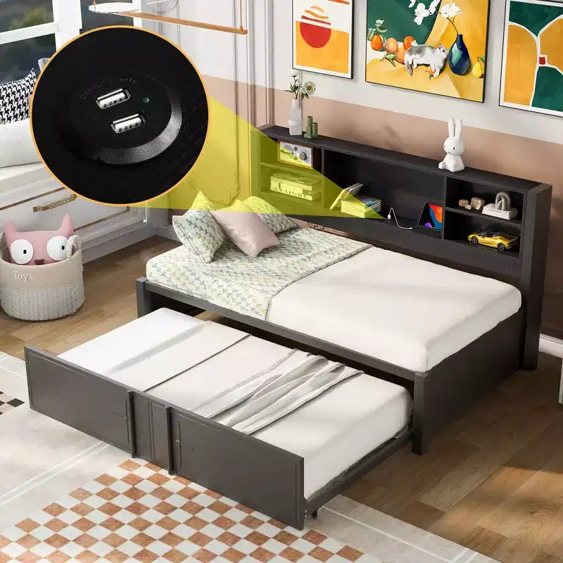 Lit de repos double en métal avec lit gigogne double, étagères de rangement et ports USB
