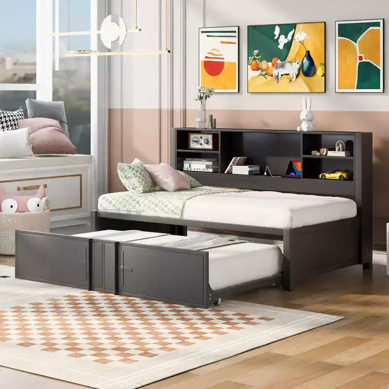 Lit de repos double en métal avec lit gigogne double, étagères de rangement et ports USB