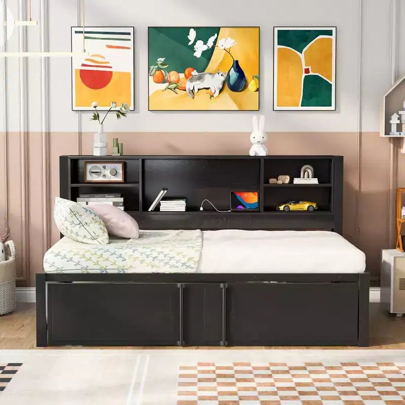 Lit de repos double en métal avec lit gigogne double, étagères de rangement et ports USB