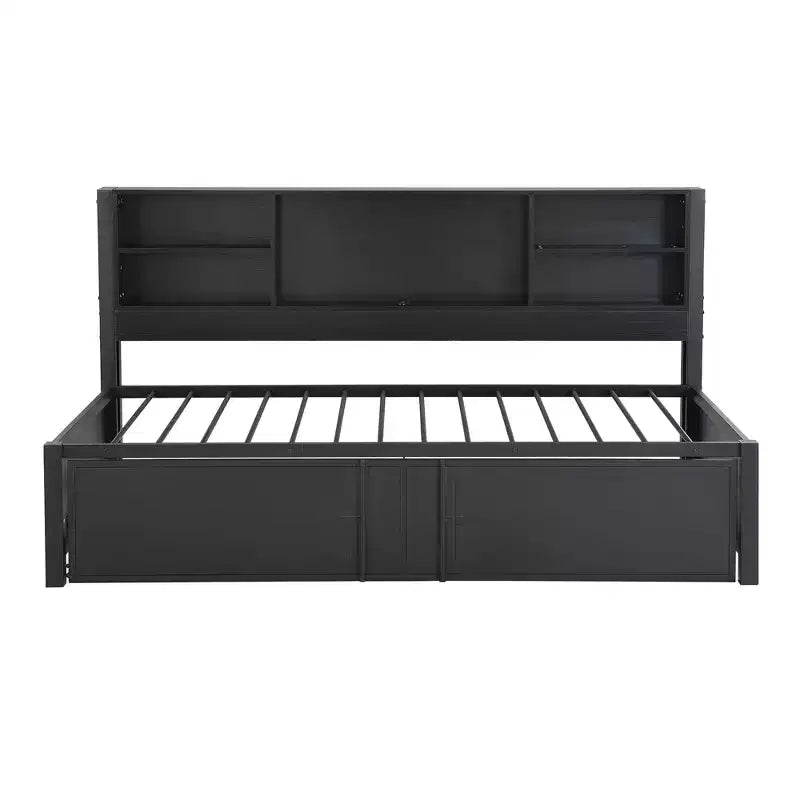 Lit de repos double en métal avec lit gigogne double, étagères de rangement et ports USB
