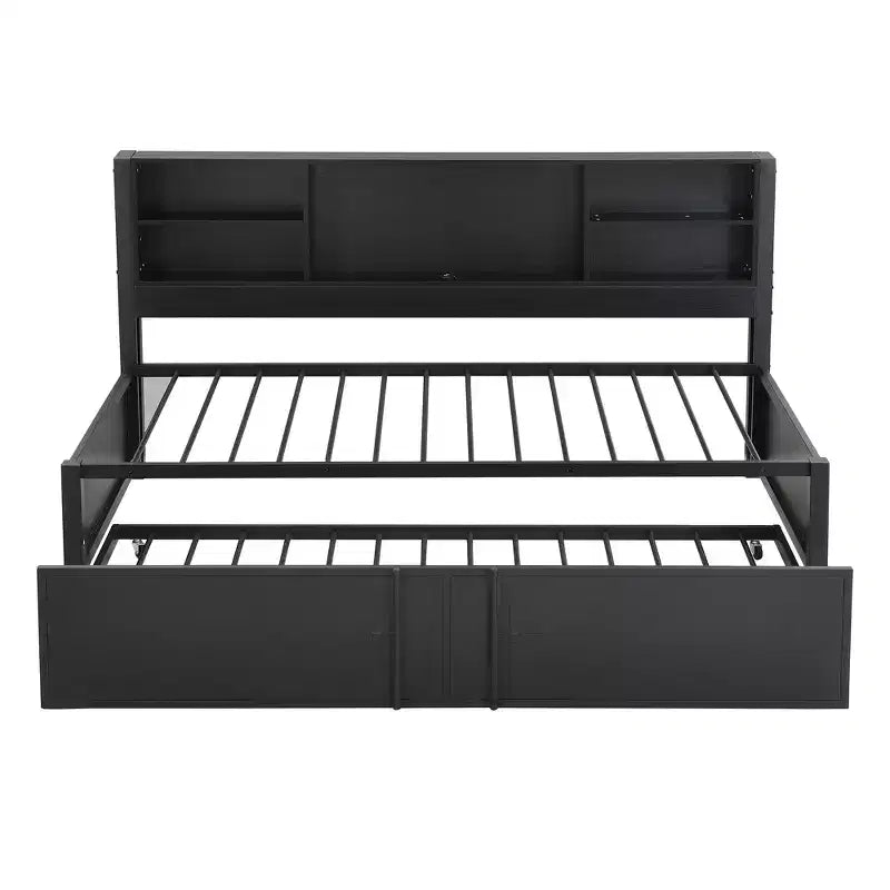 Lit de repos double en métal avec lit gigogne double, étagères de rangement et ports USB