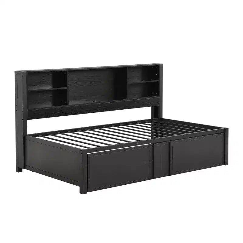 Lit de repos double en métal avec lit gigogne double, étagères de rangement et ports USB