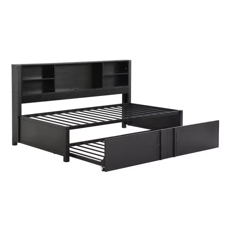 Lit de repos double en métal avec lit gigogne double, étagères de rangement et ports USB