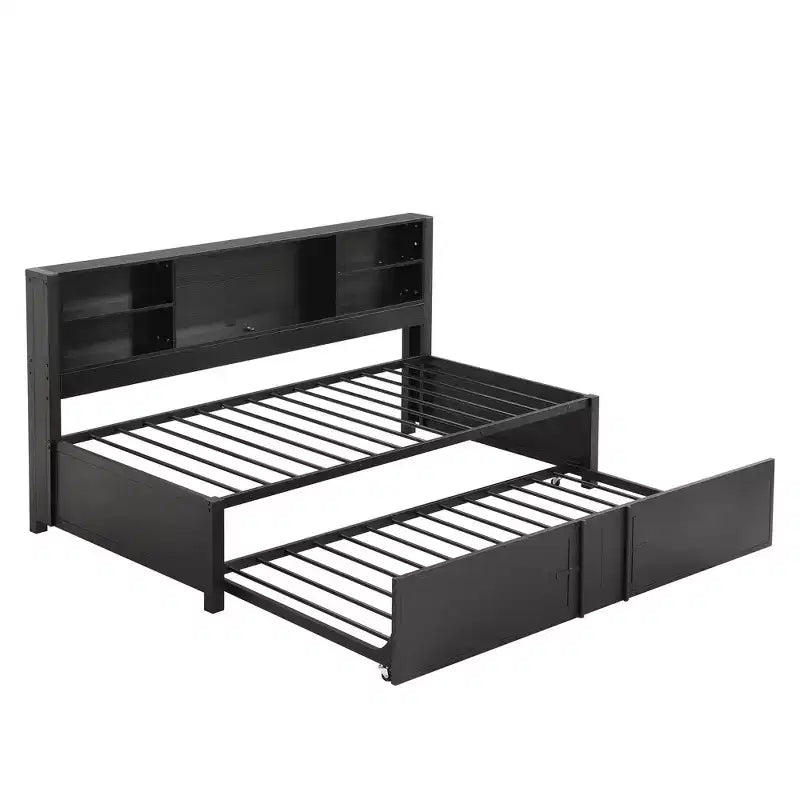 Lit de repos double en métal avec lit gigogne double, étagères de rangement et ports USB