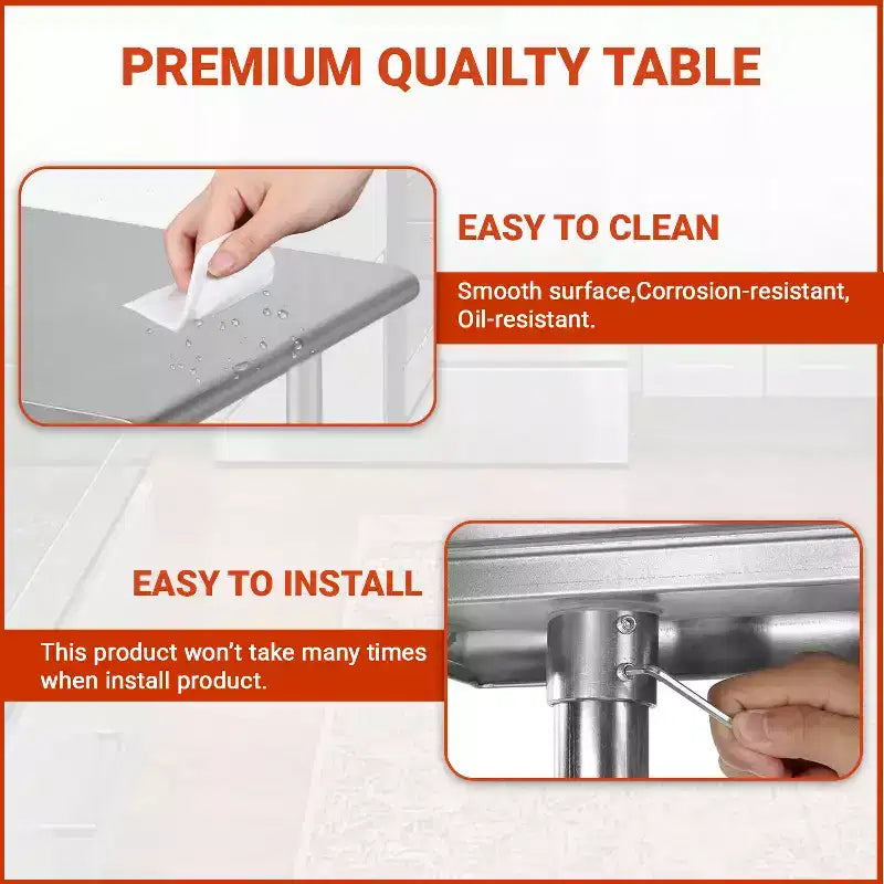 Table de travail de cuisine en acier inoxydable anti-rayures avec pied de table réglable