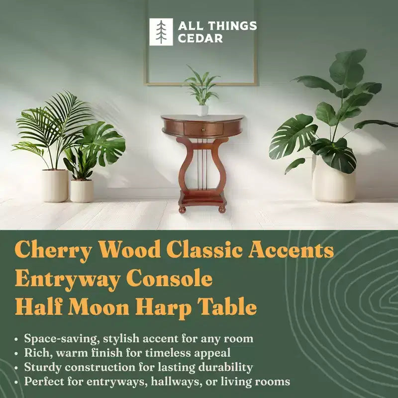Table Console Harpe Demi-Lune en Bois avec Tiroir de Rangement pour Salon et Entrée, Meuble d'Appoint, Accents Classiques, Merisier