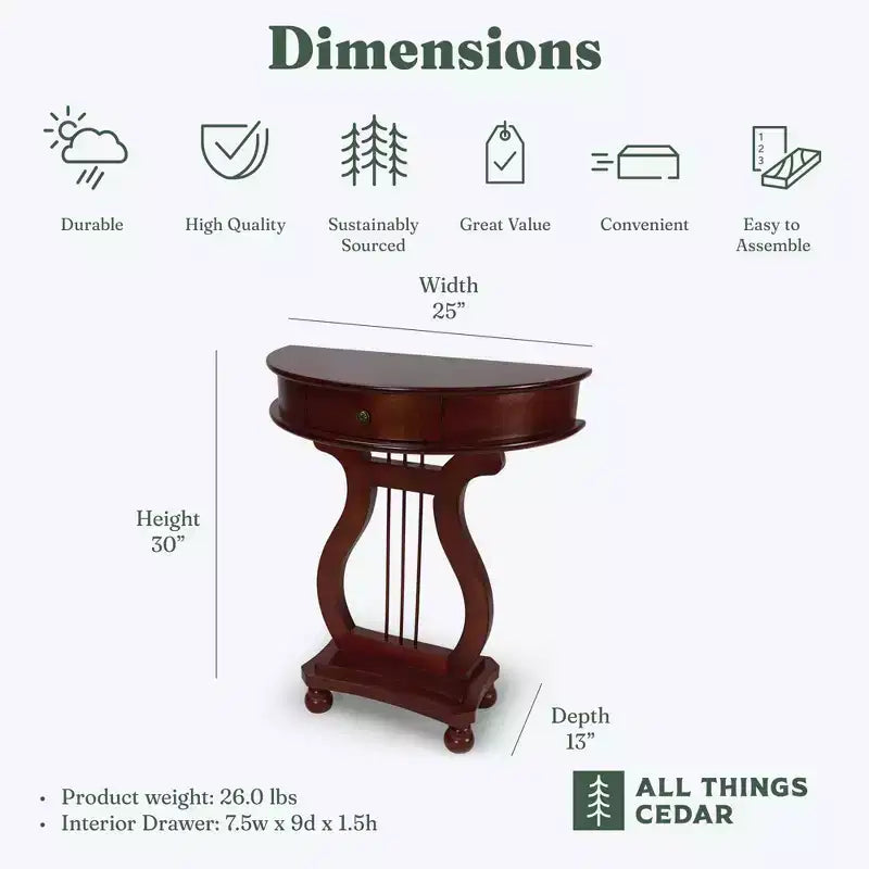 Table Console Harpe Demi-Lune en Bois avec Tiroir de Rangement pour Salon et Entrée, Meuble d'Appoint, Accents Classiques, Merisier