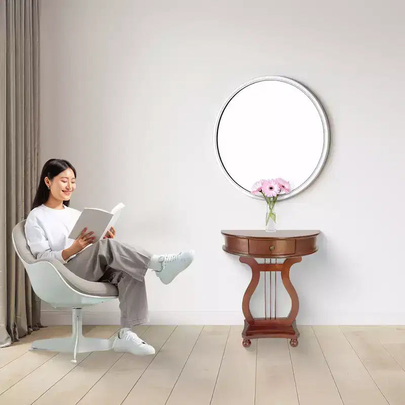 Table Console Harpe Demi-Lune en Bois avec Tiroir de Rangement pour Salon et Entrée, Meuble d'Appoint, Accents Classiques, Merisier