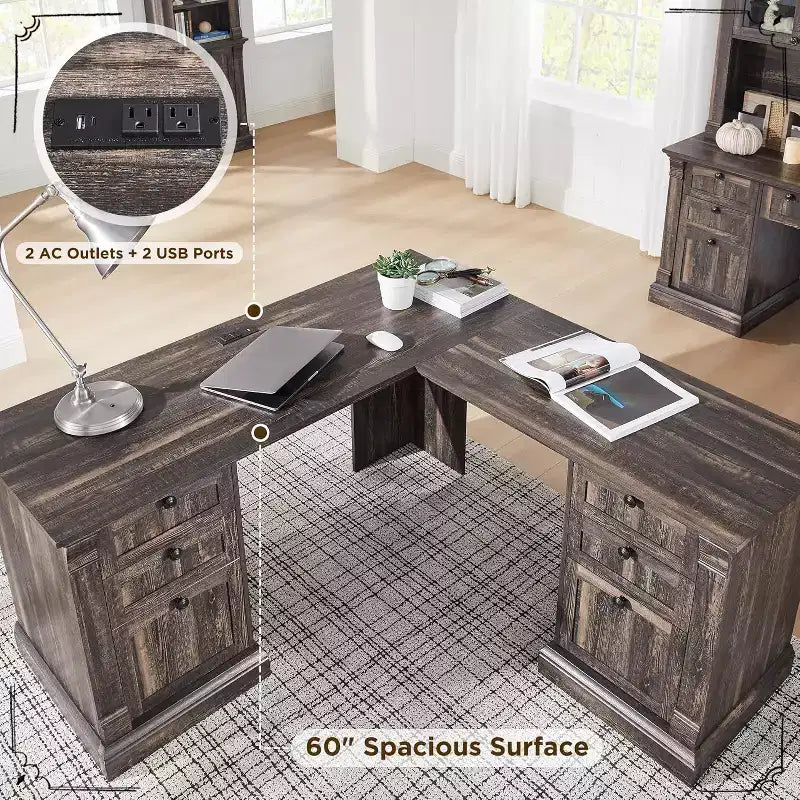 Bureau en L de 60 pouces, Bureau d'ordinateur de style rustique avec station de charge, Rangement de classement, Tiroir, Bureau d'étude et d'écriture