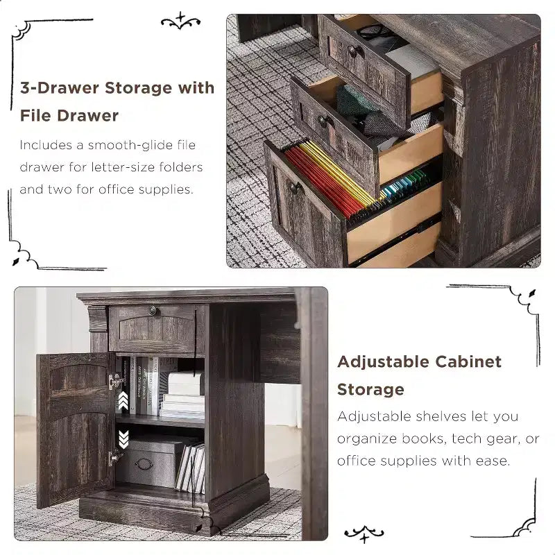 Bureau en L de 60 pouces, Bureau d'ordinateur de style rustique avec station de charge, Rangement de classement, Tiroir, Bureau d'étude et d'écriture