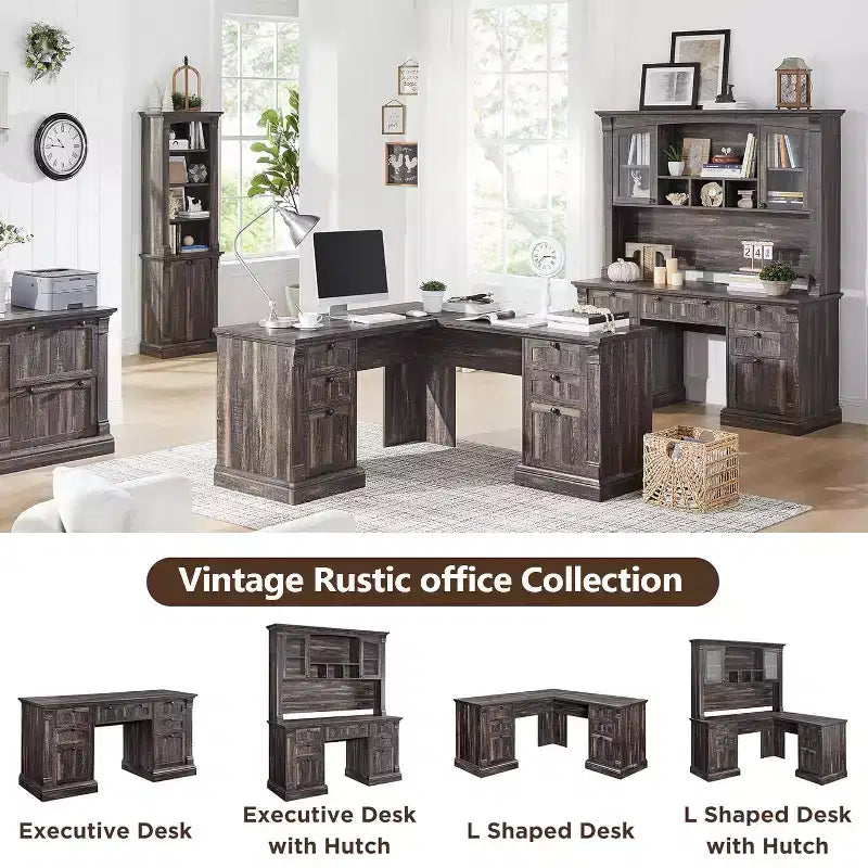 Bureau en L de 60 pouces, Bureau d'ordinateur de style rustique avec station de charge, Rangement de classement, Tiroir, Bureau d'étude et d'écriture