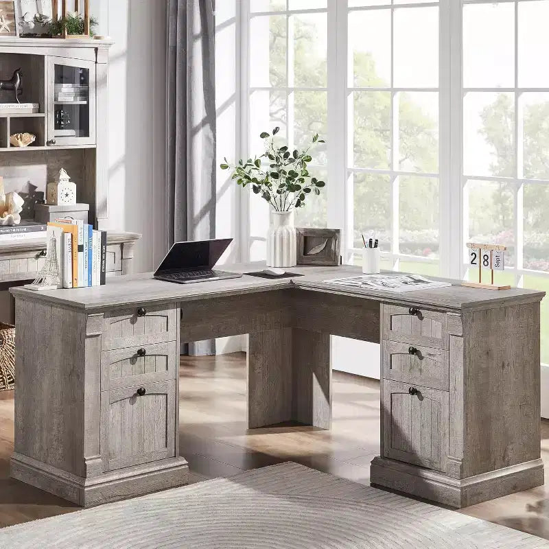 Bureau en L de 60 pouces, Bureau d'ordinateur de style rustique avec station de charge, Rangement de classement, Tiroir, Bureau d'étude et d'écriture