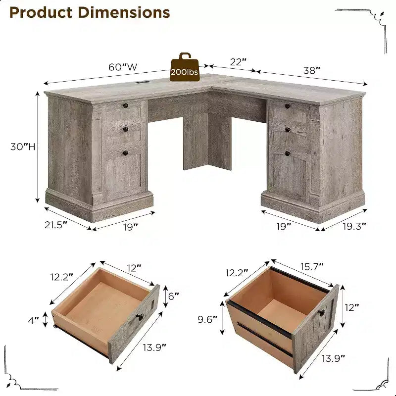 Bureau en L de 60 pouces, Bureau d'ordinateur de style rustique avec station de charge, Rangement de classement, Tiroir, Bureau d'étude et d'écriture