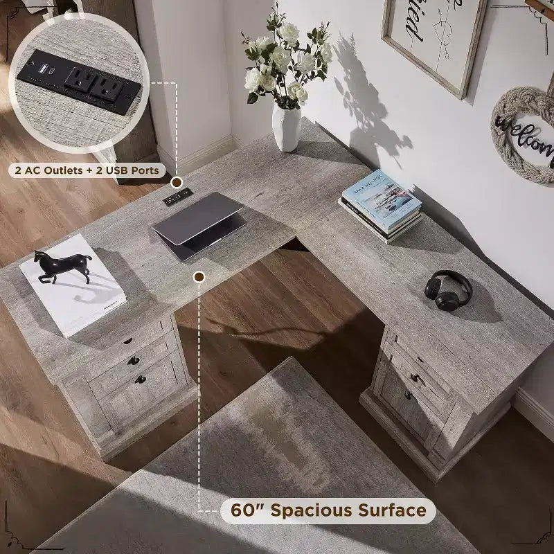 Bureau en L de 60 pouces, Bureau d'ordinateur de style rustique avec station de charge, Rangement de classement, Tiroir, Bureau d'étude et d'écriture