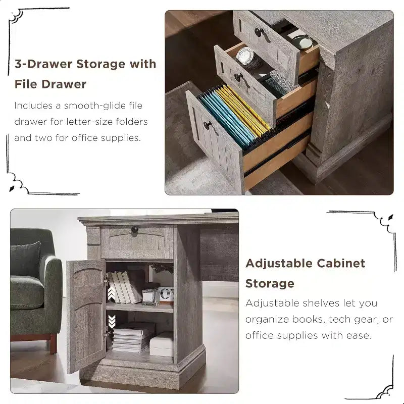 Bureau en L de 60 pouces, Bureau d'ordinateur de style rustique avec station de charge, Rangement de classement, Tiroir, Bureau d'étude et d'écriture