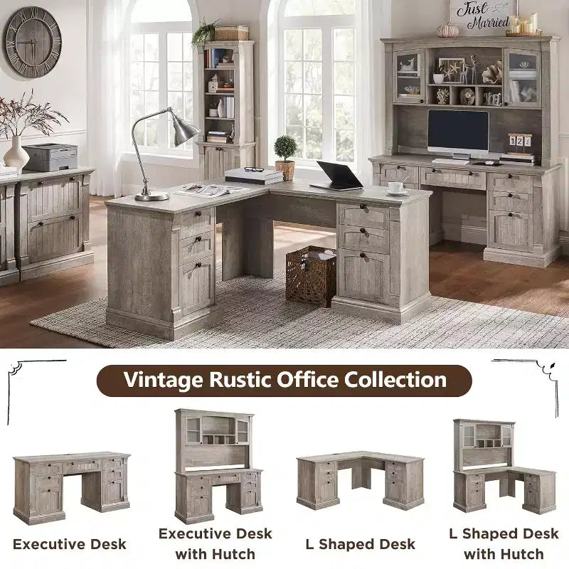 Bureau en L de 60 pouces, Bureau d'ordinateur de style rustique avec station de charge, Rangement de classement, Tiroir, Bureau d'étude et d'écriture