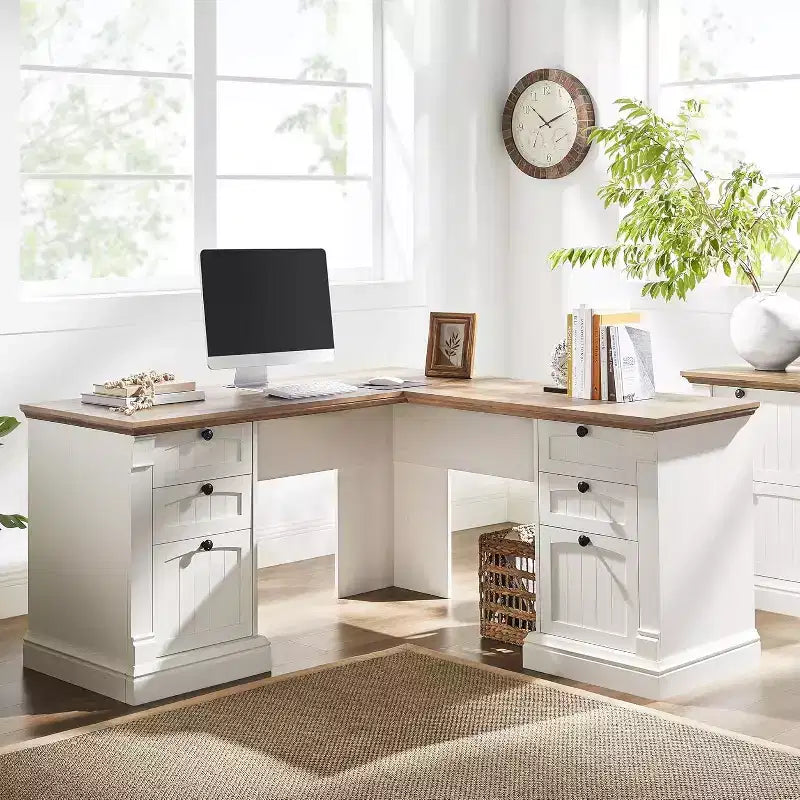 Bureau en L de 60 pouces, Bureau d'ordinateur de style rustique avec station de charge, Rangement de classement, Tiroir, Bureau d'étude et d'écriture