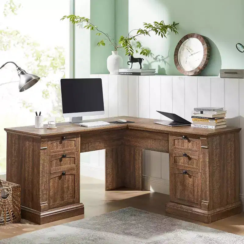 Bureau en L de 60 pouces, Bureau d'ordinateur de style rustique avec station de charge, Rangement de classement, Tiroir, Bureau d'étude et d'écriture