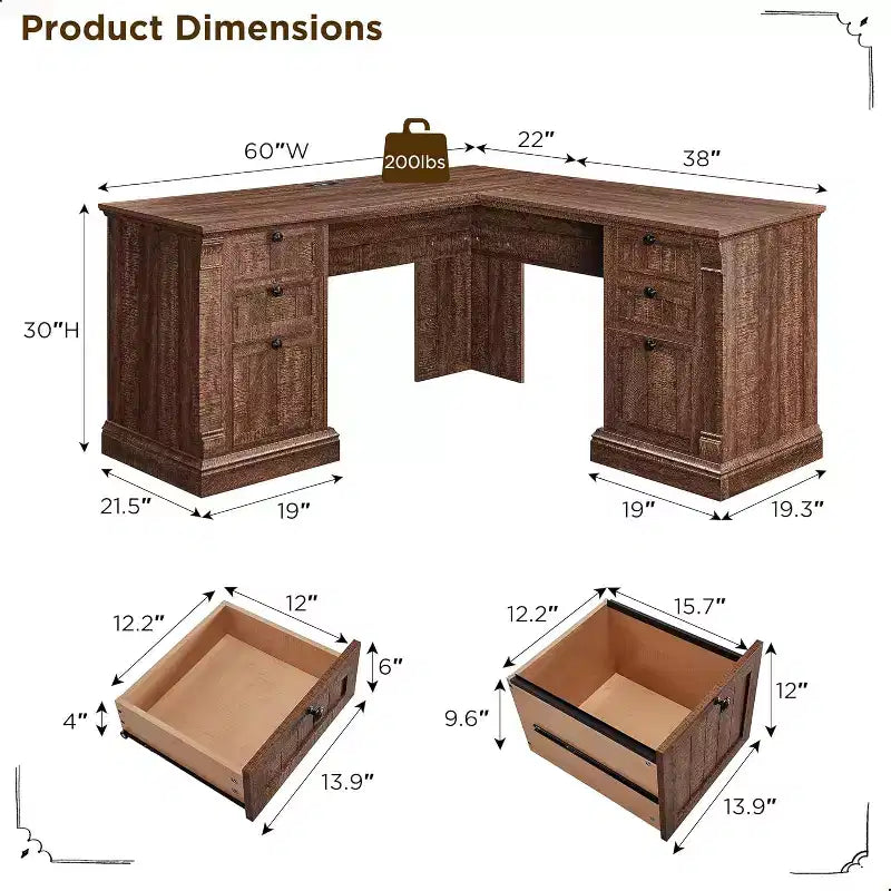Bureau en L de 60 pouces, Bureau d'ordinateur de style rustique avec station de charge, Rangement de classement, Tiroir, Bureau d'étude et d'écriture