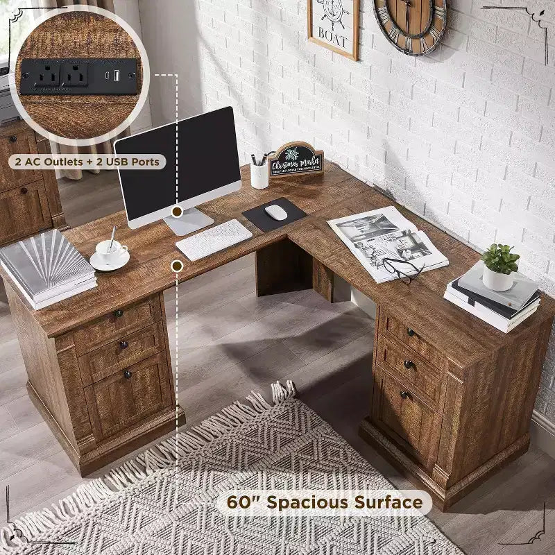 Bureau en L de 60 pouces, Bureau d'ordinateur de style rustique avec station de charge, Rangement de classement, Tiroir, Bureau d'étude et d'écriture