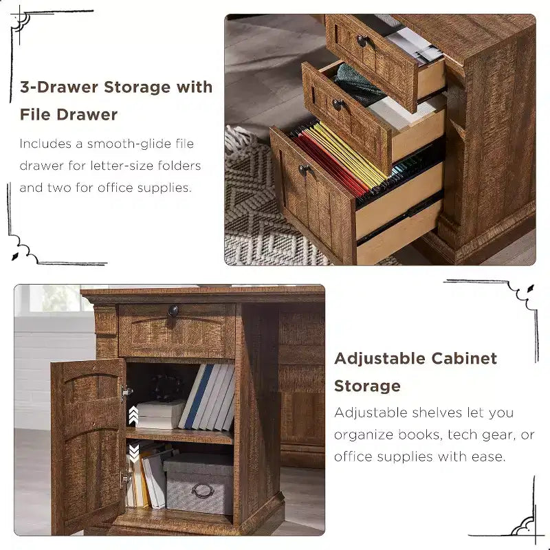 Bureau en L de 60 pouces, Bureau d'ordinateur de style rustique avec station de charge, Rangement de classement, Tiroir, Bureau d'étude et d'écriture