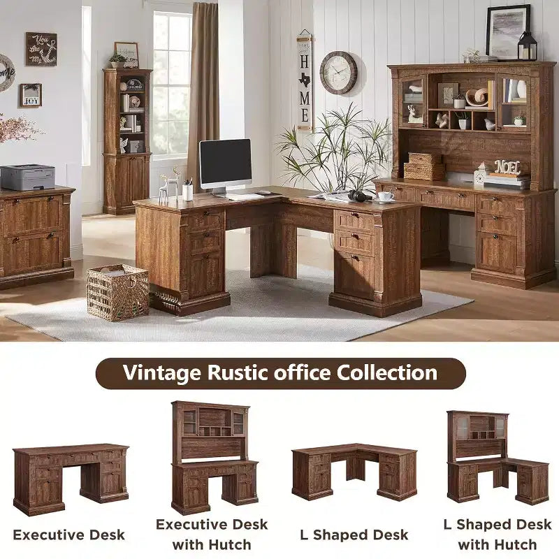 Bureau en L de 60 pouces, Bureau d'ordinateur de style rustique avec station de charge, Rangement de classement, Tiroir, Bureau d'étude et d'écriture