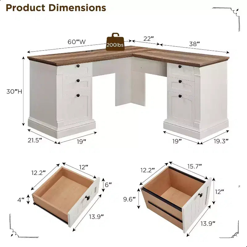Bureau en L de 60 pouces, Bureau d'ordinateur de style rustique avec station de charge, Rangement de classement, Tiroir, Bureau d'étude et d'écriture