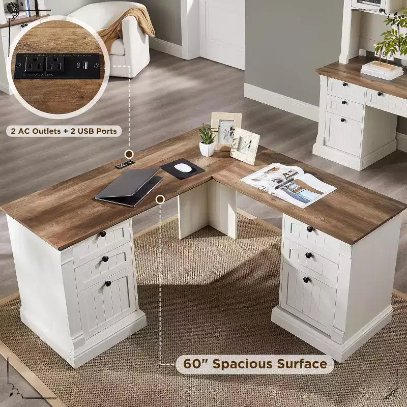 Bureau en L de 60 pouces, Bureau d'ordinateur de style rustique avec station de charge, Rangement de classement, Tiroir, Bureau d'étude et d'écriture