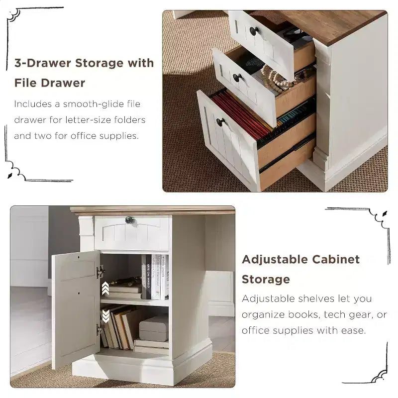 Bureau en L de 60 pouces, Bureau d'ordinateur de style rustique avec station de charge, Rangement de classement, Tiroir, Bureau d'étude et d'écriture
