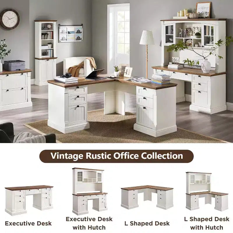 Bureau en L de 60 pouces, Bureau d'ordinateur de style rustique avec station de charge, Rangement de classement, Tiroir, Bureau d'étude et d'écriture