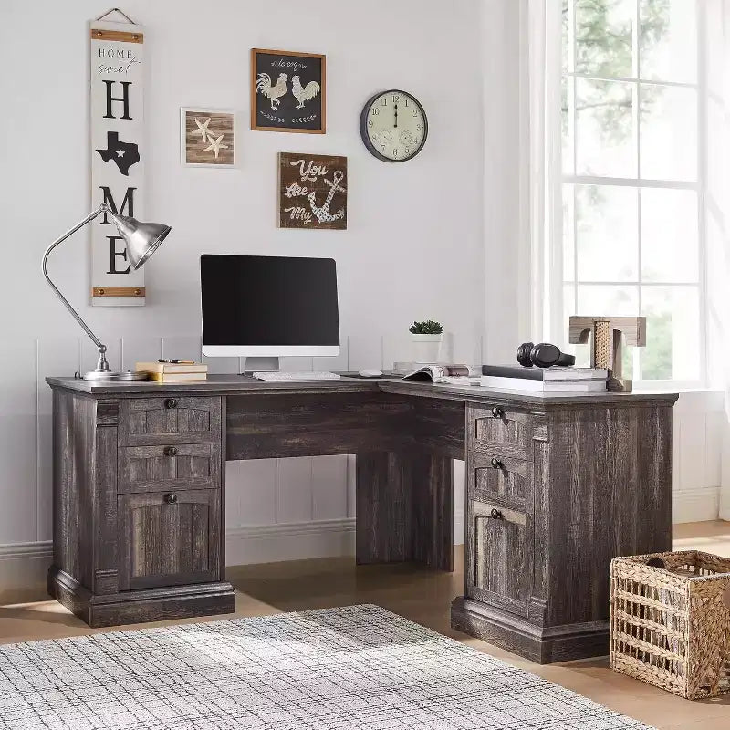 Bureau en L de 60 pouces, Bureau d'ordinateur de style rustique avec station de charge, Rangement de classement, Tiroir, Bureau d'étude et d'écriture