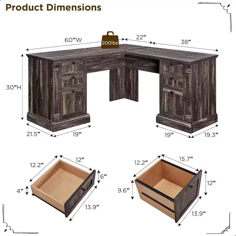 Bureau en L de 60 pouces, Bureau d'ordinateur de style rustique avec station de charge, Rangement de classement, Tiroir, Bureau d'étude et d'écriture