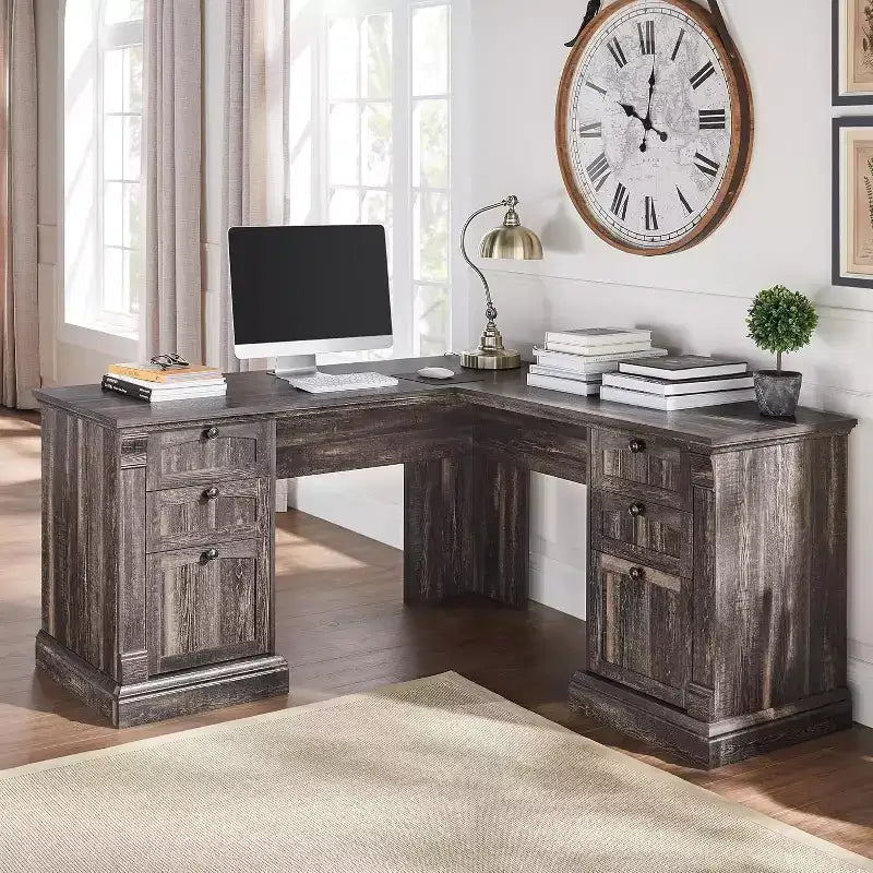 Bureau en L de 60 pouces, Bureau d'ordinateur de style rustique avec station de charge, Rangement de classement, Tiroir, Bureau d'étude et d'écriture