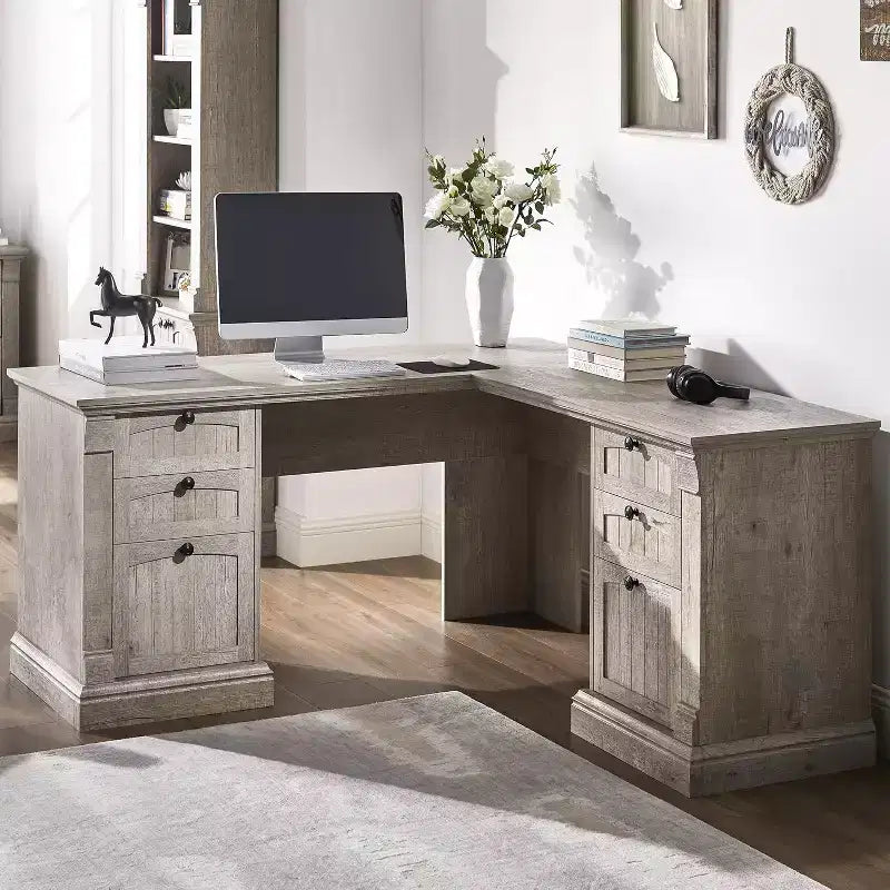 Bureau en L de 60 pouces, Bureau d'ordinateur de style rustique avec station de charge, Rangement de classement, Tiroir, Bureau d'étude et d'écriture