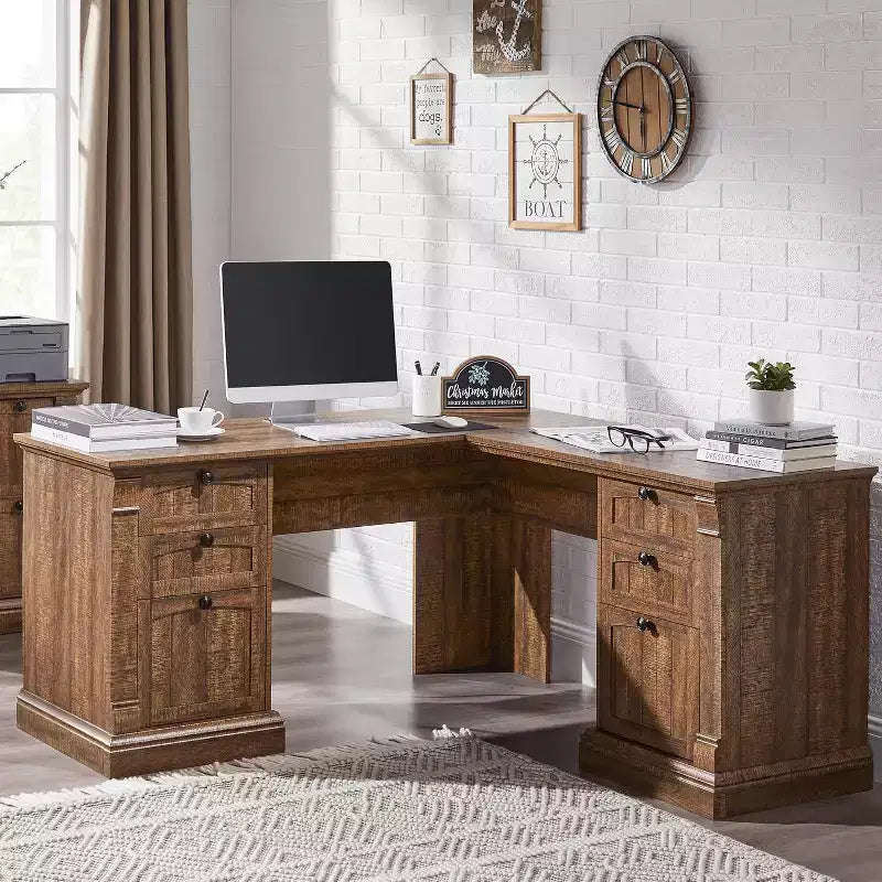Bureau en L de 60 pouces, Bureau d'ordinateur de style rustique avec station de charge, Rangement de classement, Tiroir, Bureau d'étude et d'écriture