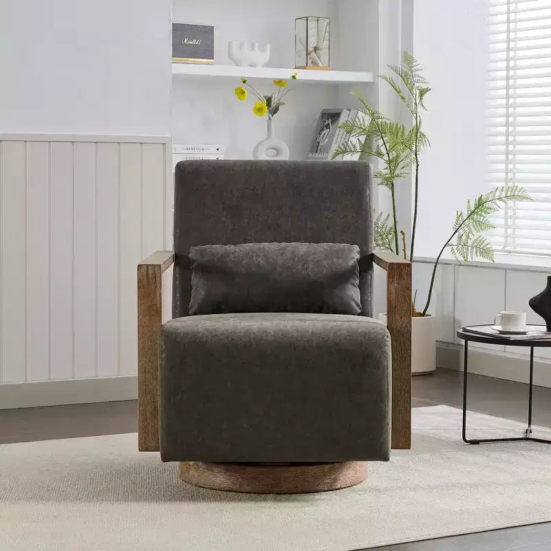 Fauteuil d'appoint pour chambre à coucher, fauteuil pivotant rembourré moderne de 77 cm de large avec accoudoirs en bois massif et fauteuil de lecture confortable rotatif à 360 degrés