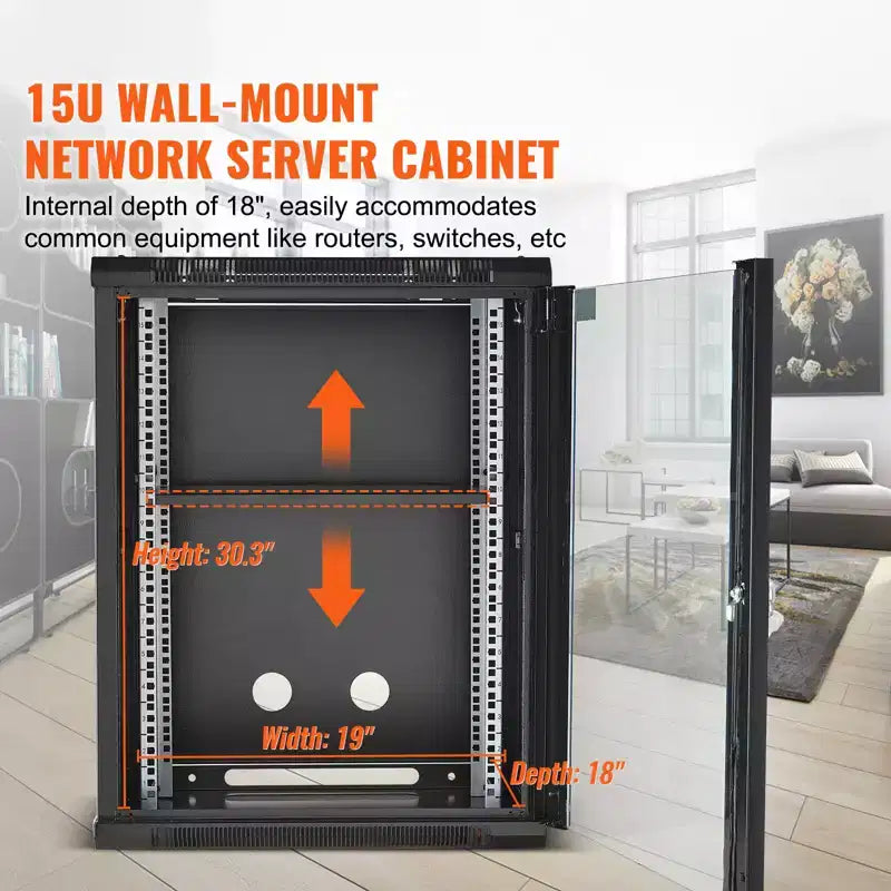 Armoire réseau murale, capacité de charge maximale au sol de 227 kg, armoire de rack de serveur avec porte en verre trempé verrouillable et panneaux latéraux