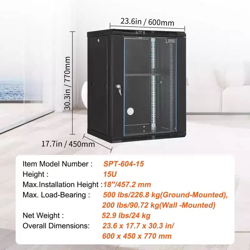 Armoire réseau murale, capacité de charge maximale au sol de 227 kg, armoire de rack de serveur avec porte en verre trempé verrouillable et panneaux latéraux