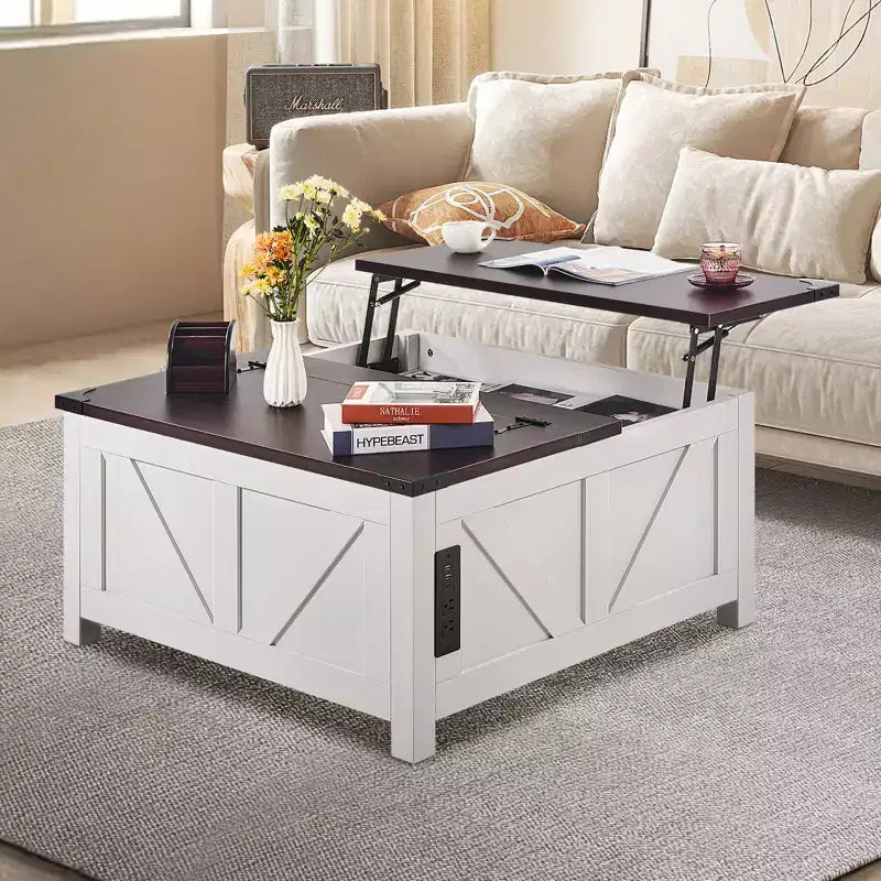 Table basse de ferme, table basse carrée relevable avec charnières et multiprise intégrée, table basse de cocktail rustique en bois, marron et blanc