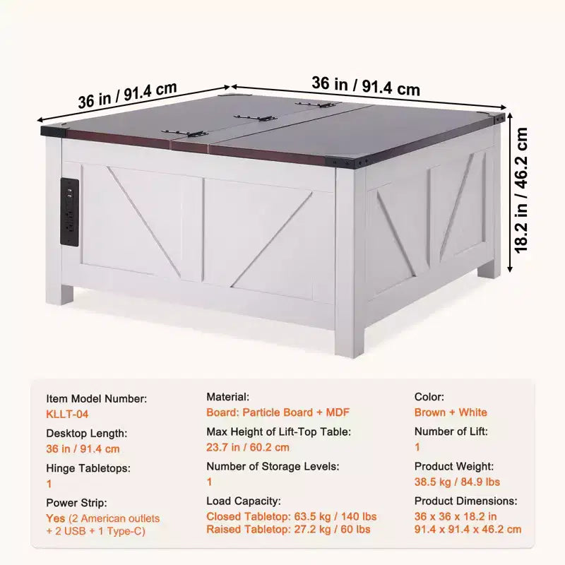 Table basse de ferme, table basse carrée relevable avec charnières et multiprise intégrée, table basse de cocktail rustique en bois, marron et blanc