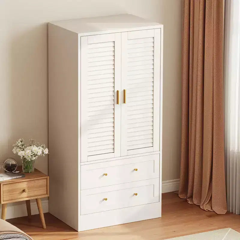 Armoire de chambre avec 2 portes persiennes et 2 tiroirs, penderie avec tringle, grande capacité de rangement, autoportante en bois
