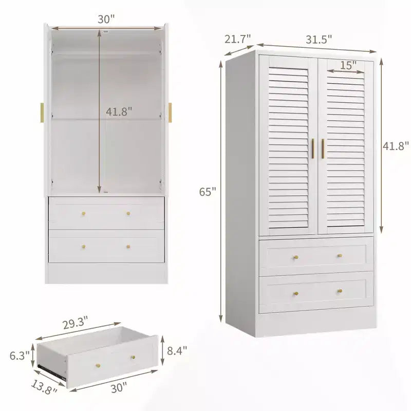 Armoire de chambre avec 2 portes persiennes et 2 tiroirs, penderie avec tringle, grande capacité de rangement, autoportante en bois