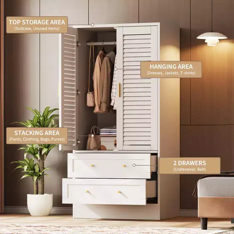 Armoire de chambre avec 2 portes persiennes et 2 tiroirs, penderie avec tringle, grande capacité de rangement, autoportante en bois