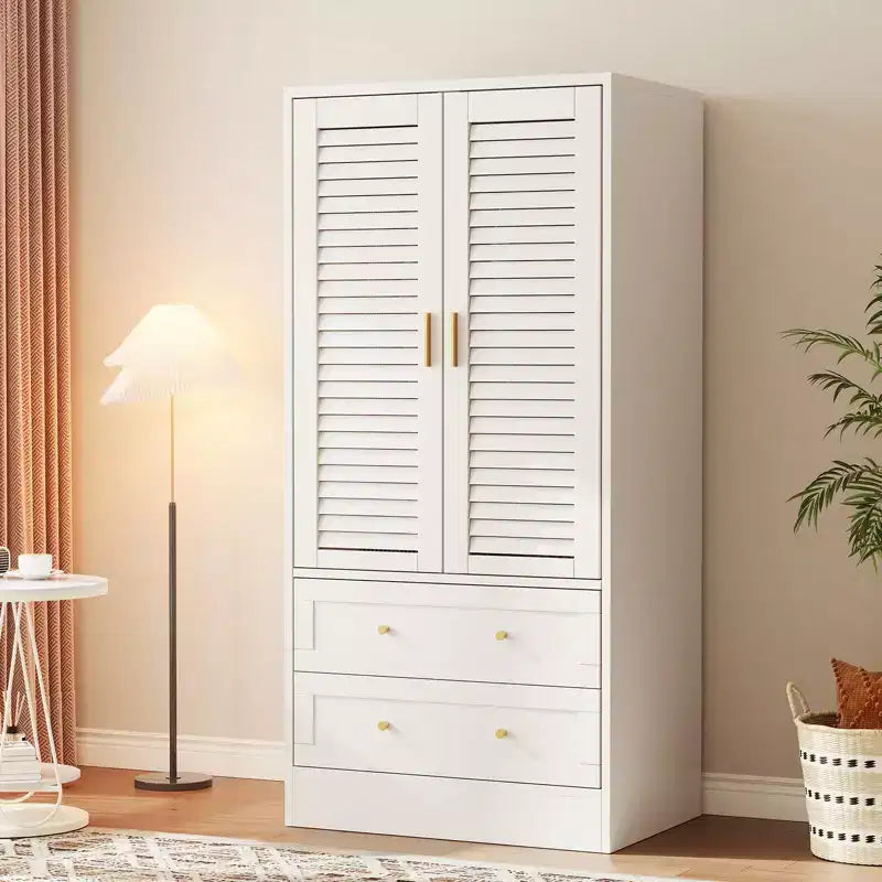 Armoire de chambre avec 2 portes persiennes et 2 tiroirs, penderie avec tringle, grande capacité de rangement, autoportante en bois