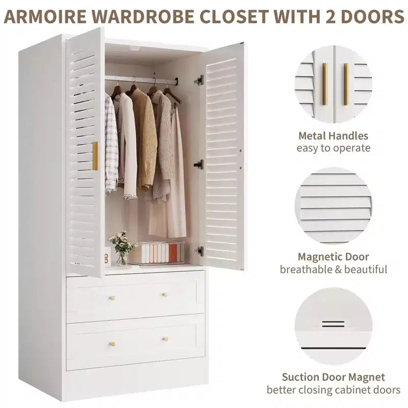 Armoire de chambre avec 2 portes persiennes et 2 tiroirs, penderie avec tringle, grande capacité de rangement, autoportante en bois
