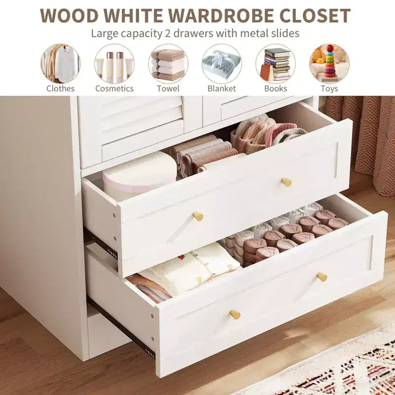 Armoire de chambre avec 2 portes persiennes et 2 tiroirs, penderie avec tringle, grande capacité de rangement, autoportante en bois